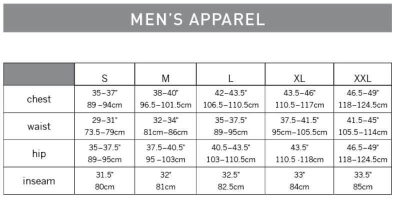 Pearl Izumi Men's Apparel sizing chart